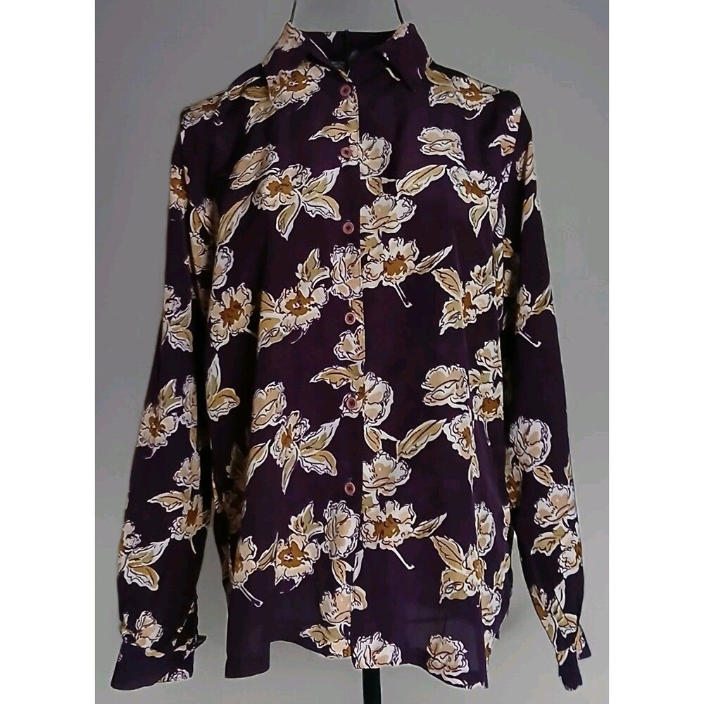Vintage 70s Boho Floral Womens Top L Silky Deep Plum/Tan Long Sleeve Button-Up
